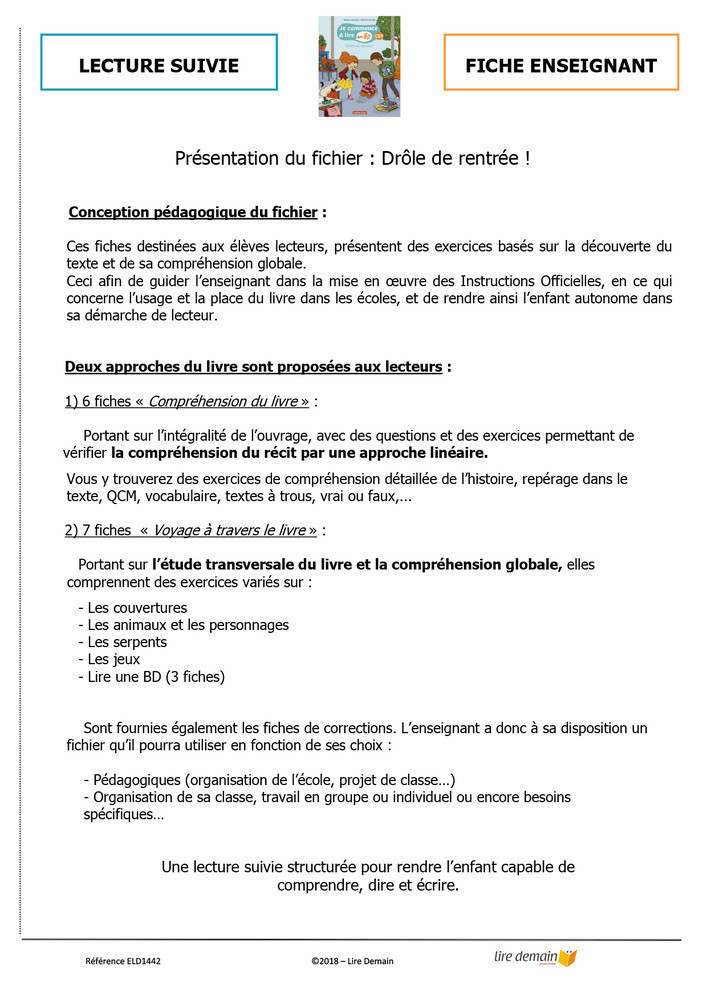 LECTURE SUIVIE - JE COMMENCE A LIRE EN BD : DROLE DE RENTREE (FICHIER SEUL)