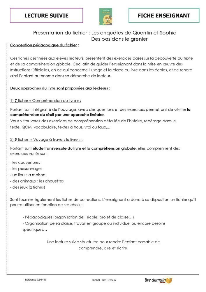 LECTURE SUIVIE - LES ENQUETES DE QUENTIN ET SOPHIE (FICHIER SEUL)