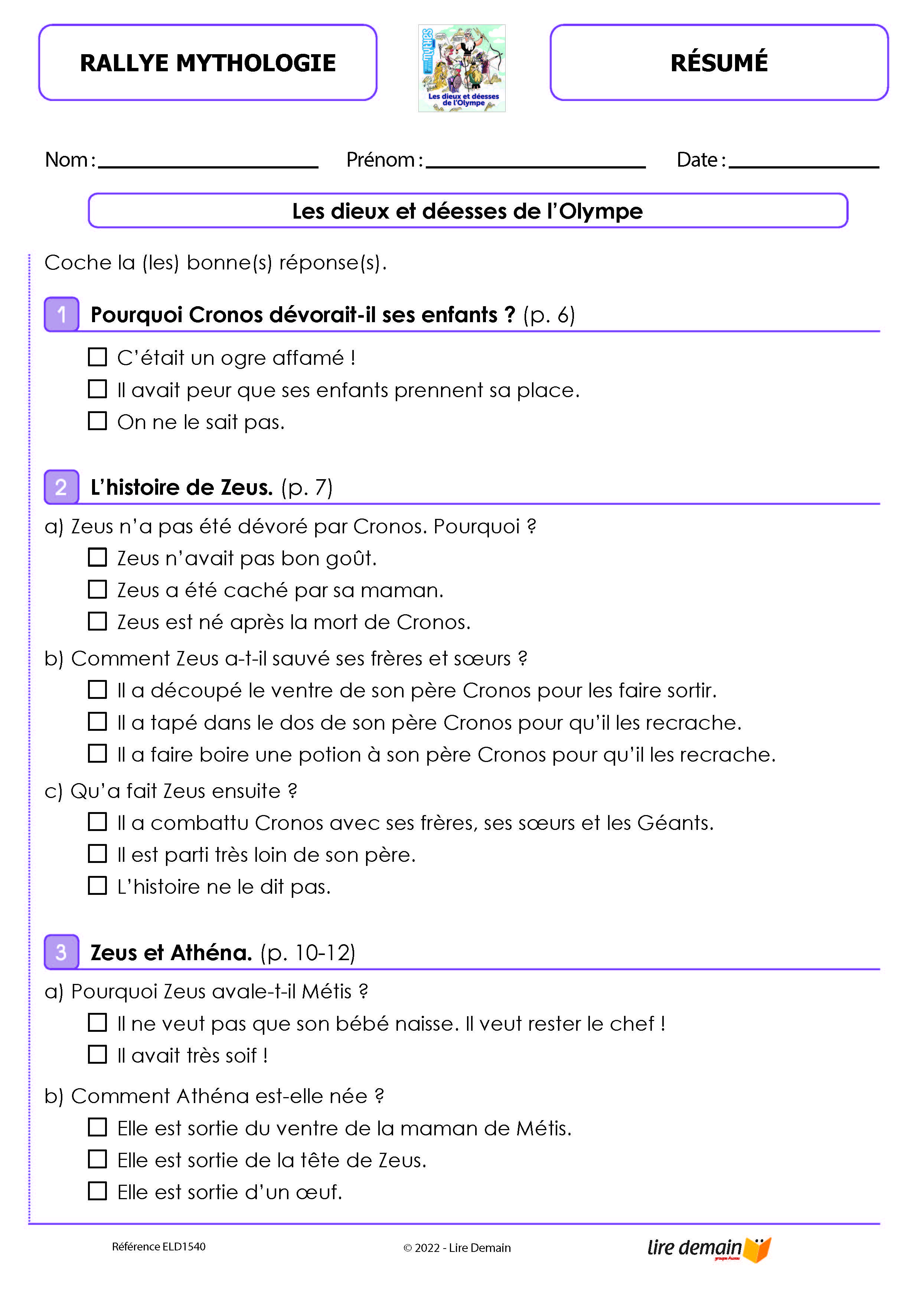 RALLYE LECTURE - MYTHES ET RECITS (FICHIER SEUL)