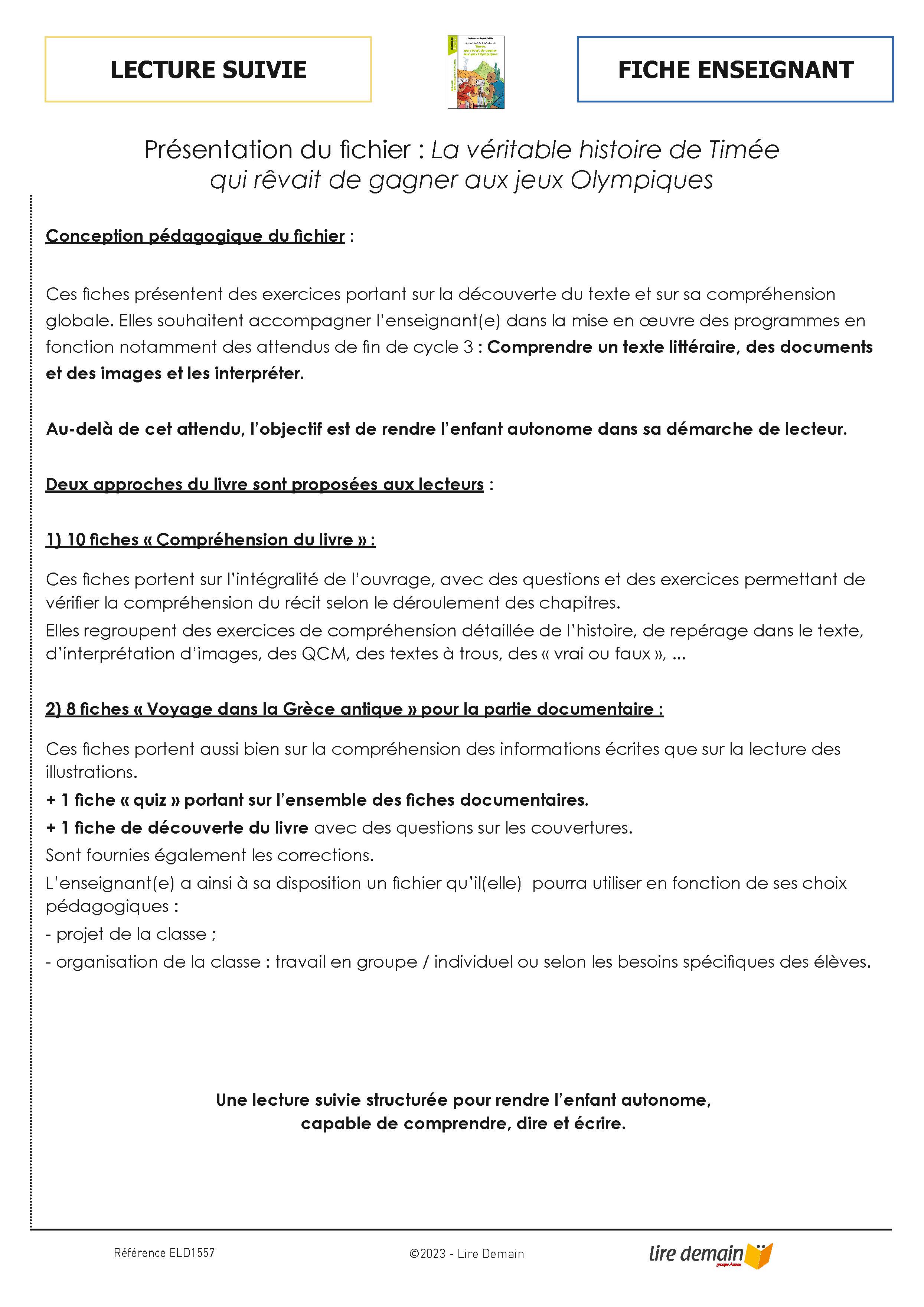 LECTURE SUIVIE - TIMEE AUX JEUX OLYMPIQUES (25 EX)