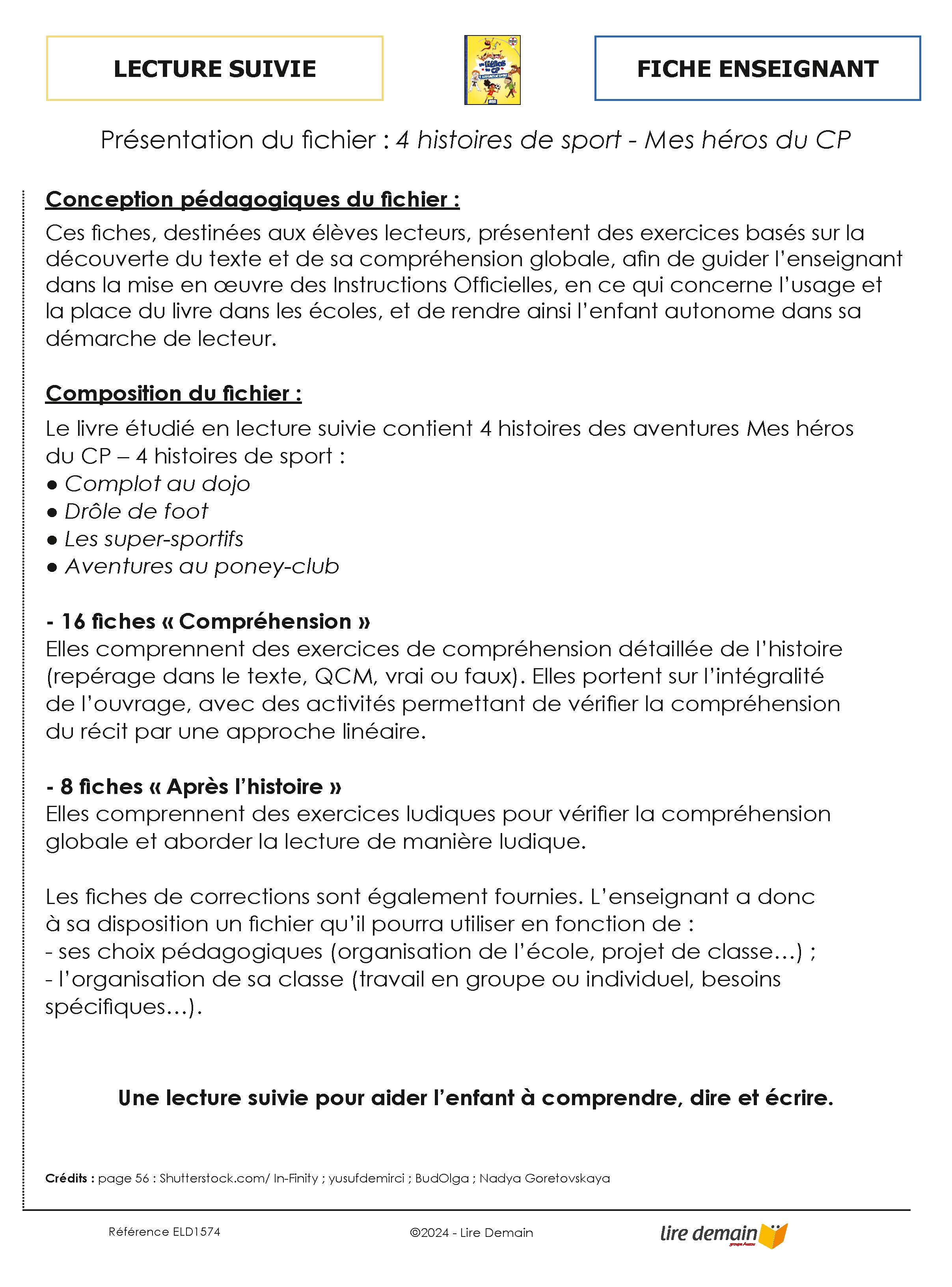 LECTURE SUIVIE 4 HISTOIRES DE SPORT - LES HEROS DU CP  (FICHIER SEUL)