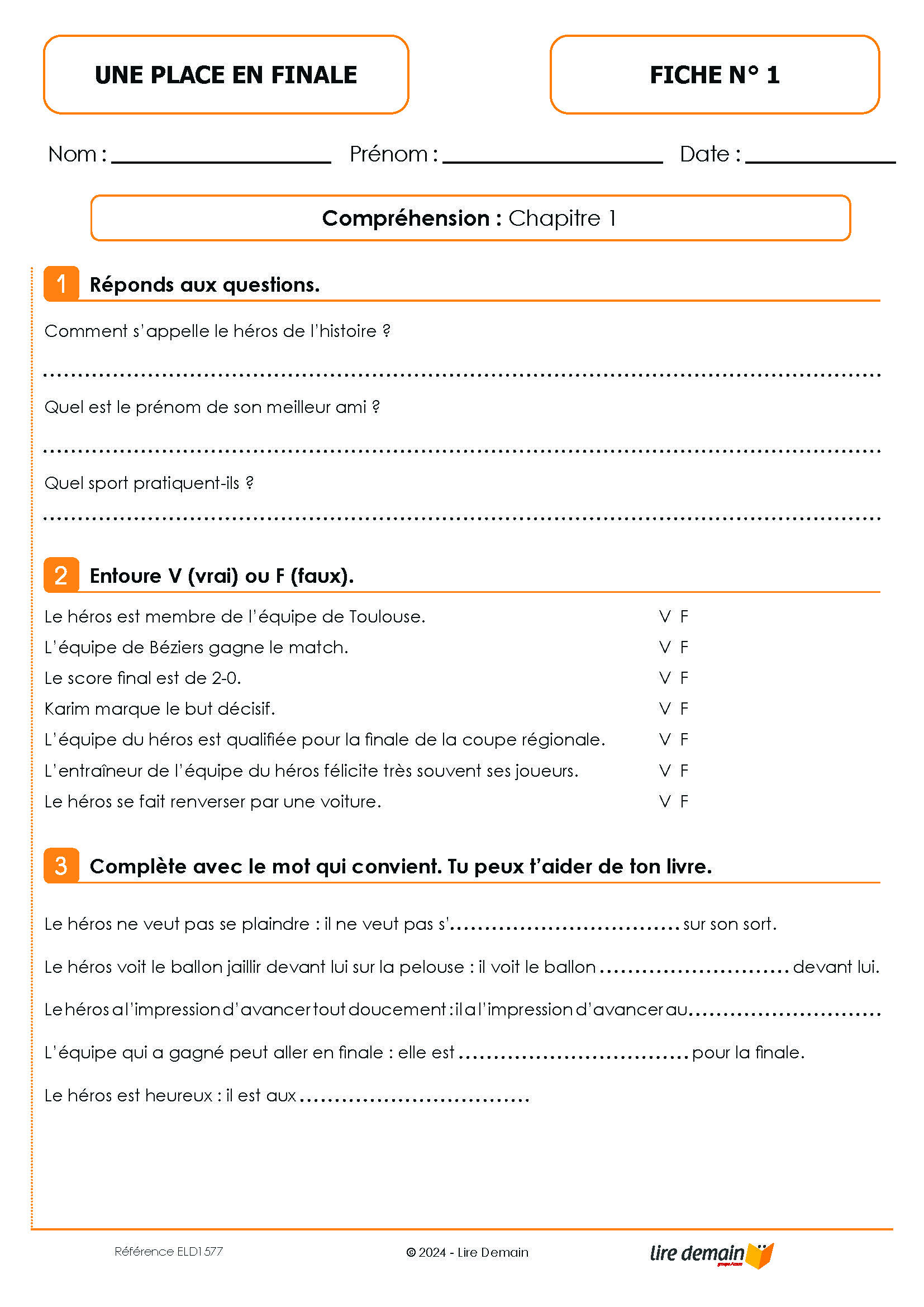 LECTURE SUIVIE UNE PLACE EN FINALE (FICHIER SEUL)