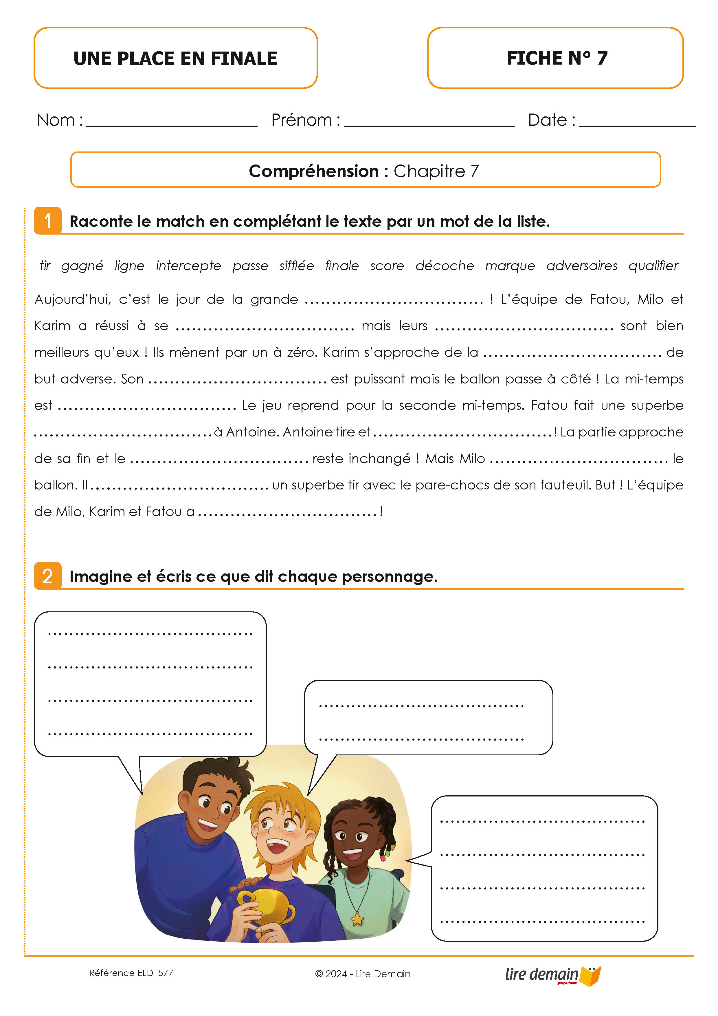 LECTURE SUIVIE UNE PLACE EN FINALE (FICHIER SEUL)