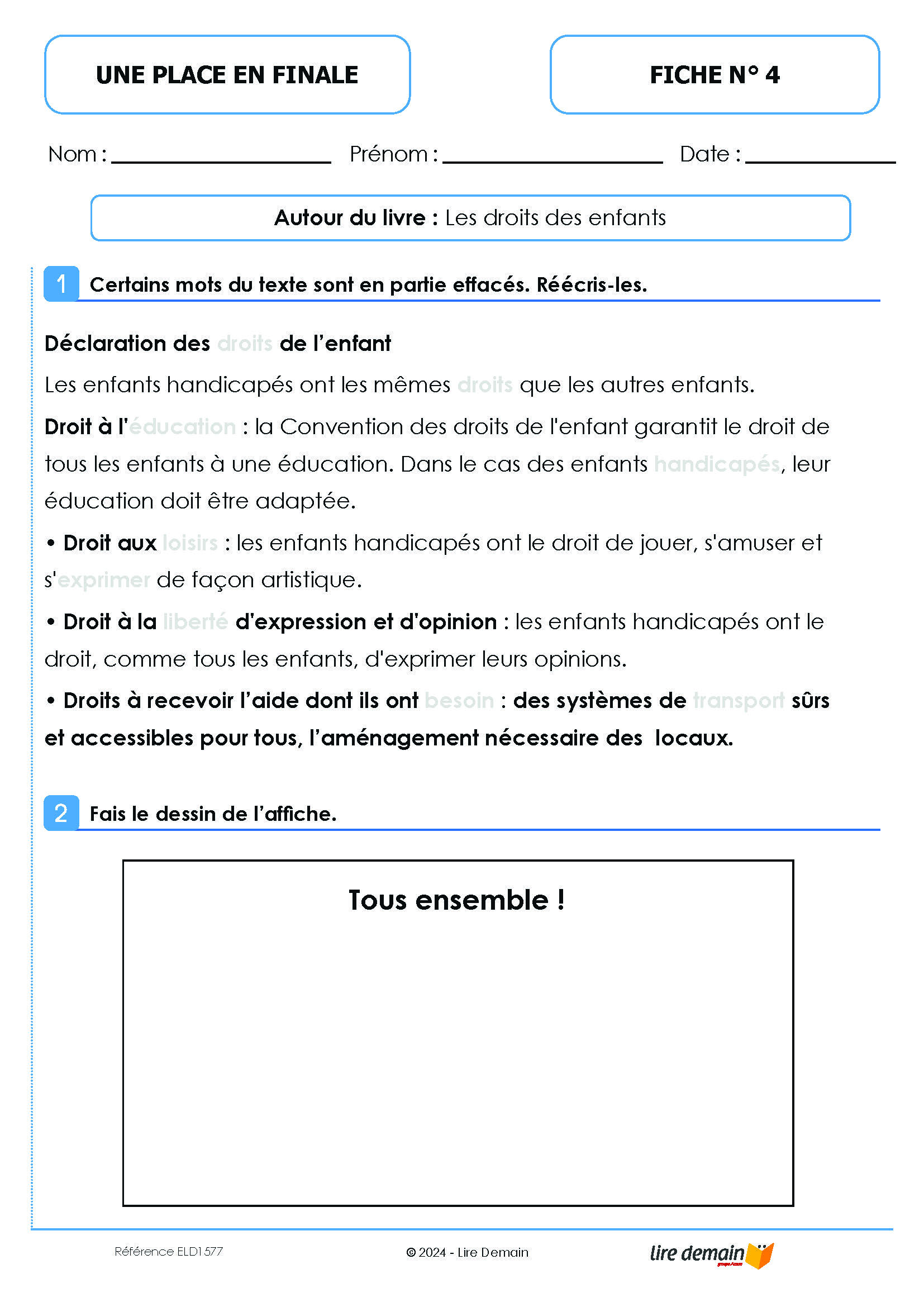 LECTURE SUIVIE UNE PLACE EN FINALE (FICHIER SEUL)