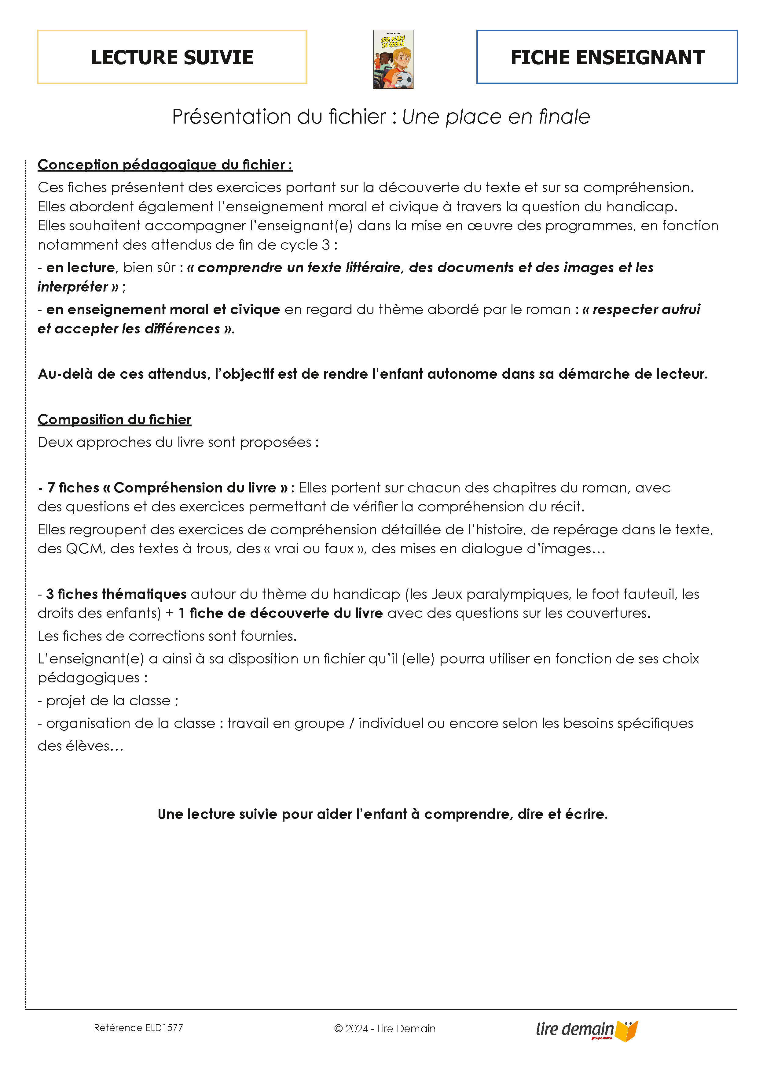 LECTURE SUIVIE UNE PLACE EN FINALE (FICHIER SEUL)