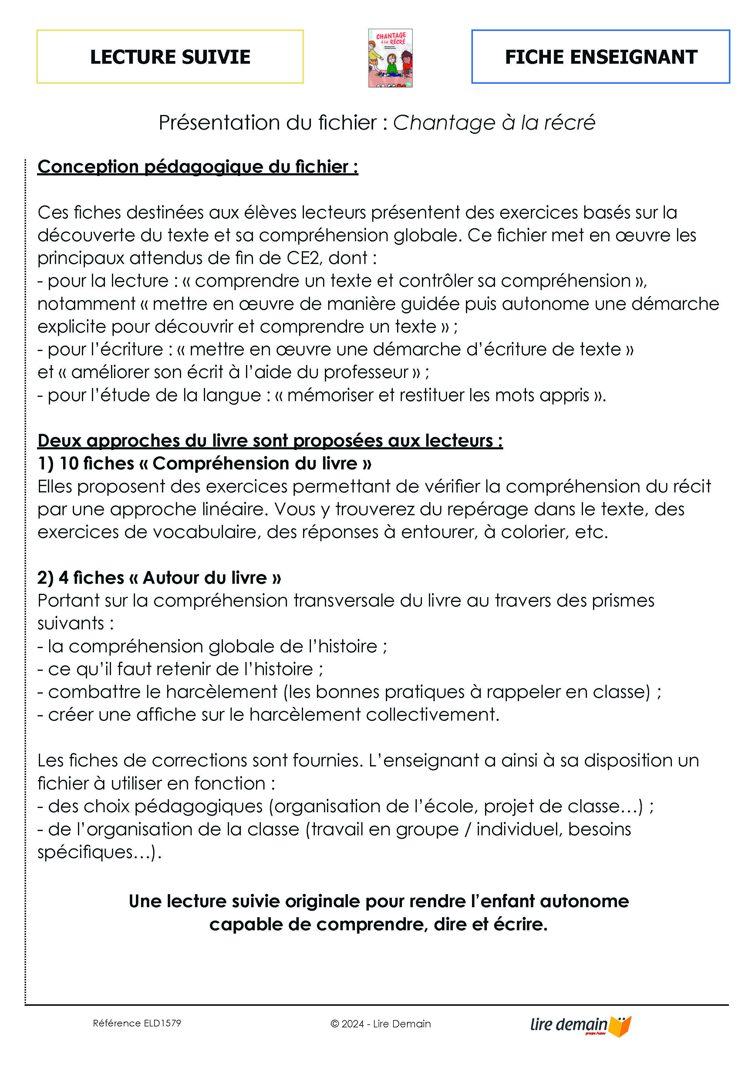 LECTURE SUIVIE CHANTAGE A LA RECRE (25 EX)