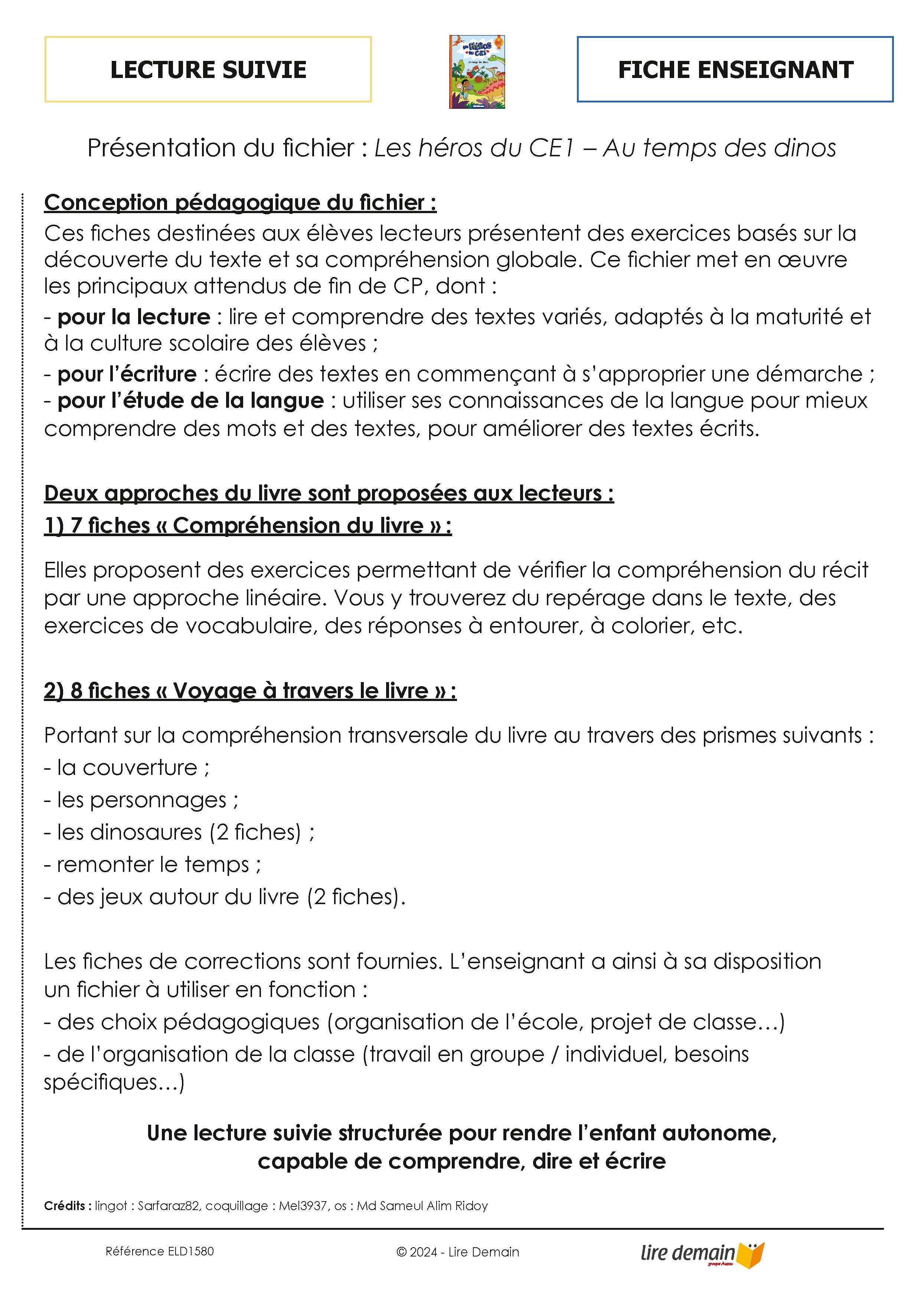 FICHIER LECTURE SUIVIE HEROS DU CE1 - AU TEMPS DES DINOS (25 EX)