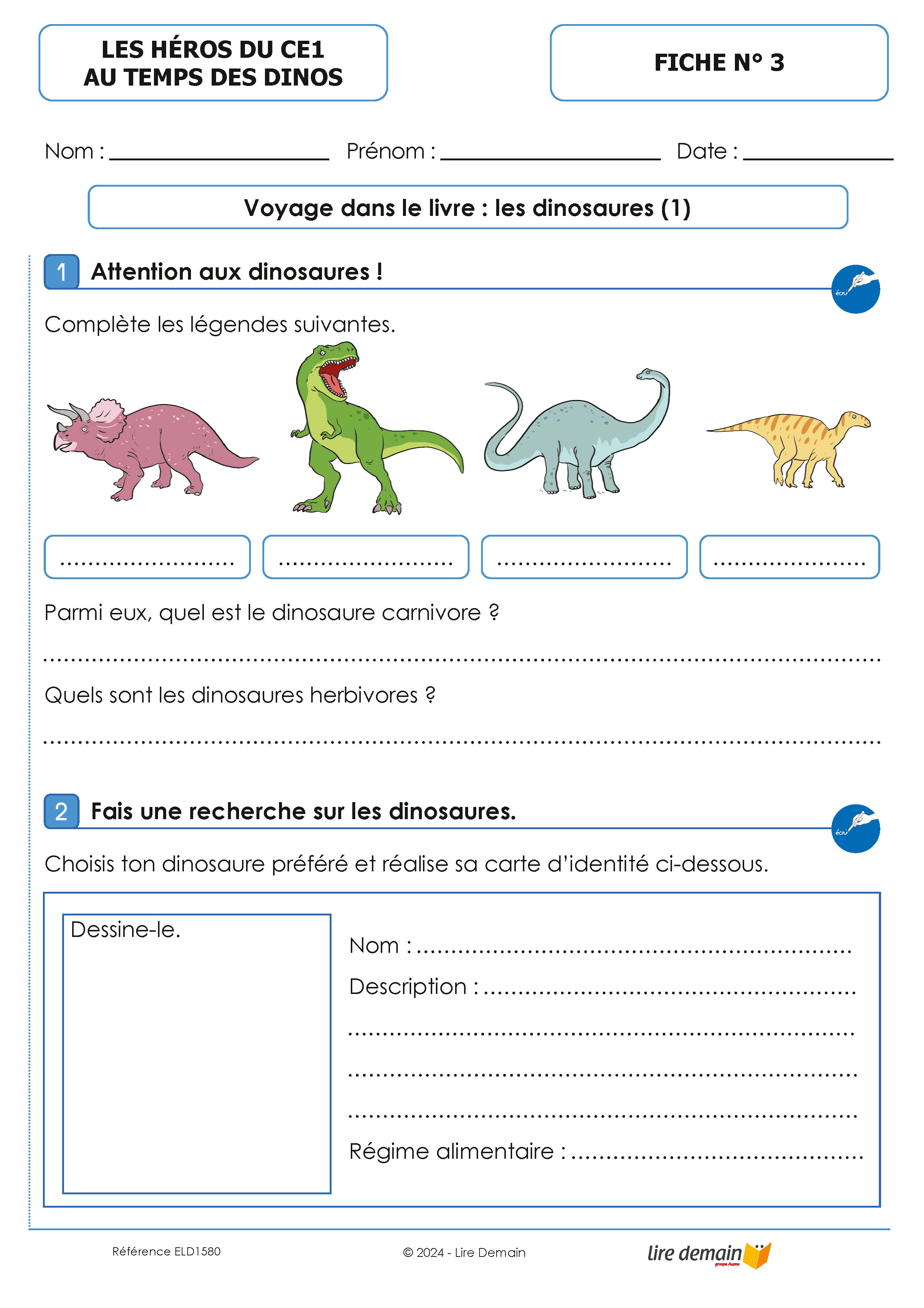 FICHIER LECTURE SUIVIE HEROS DU CE1 - AU TEMPS DES DINOS (25 EX)