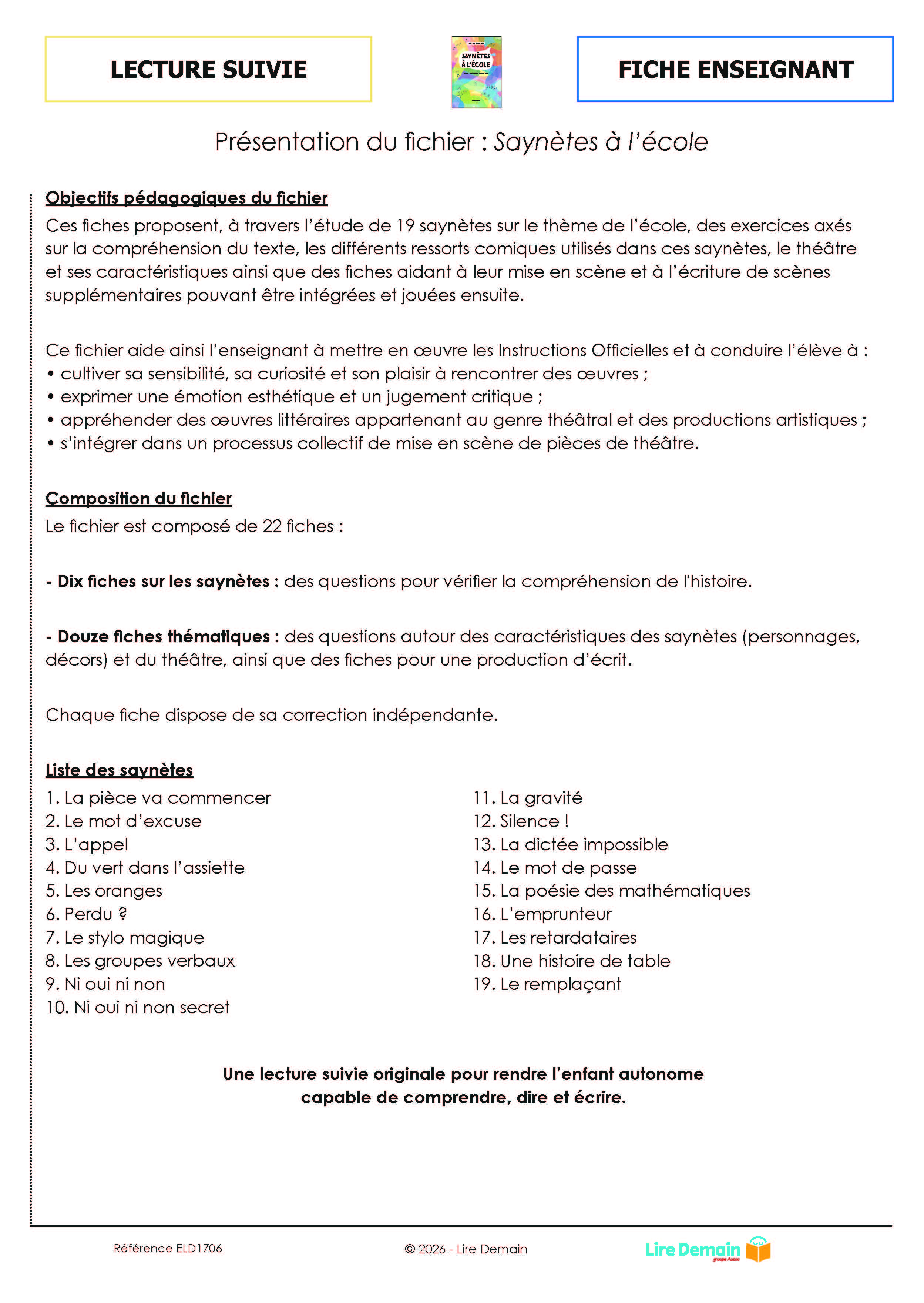 LECTURE SUIVIE - SAYNETES A L