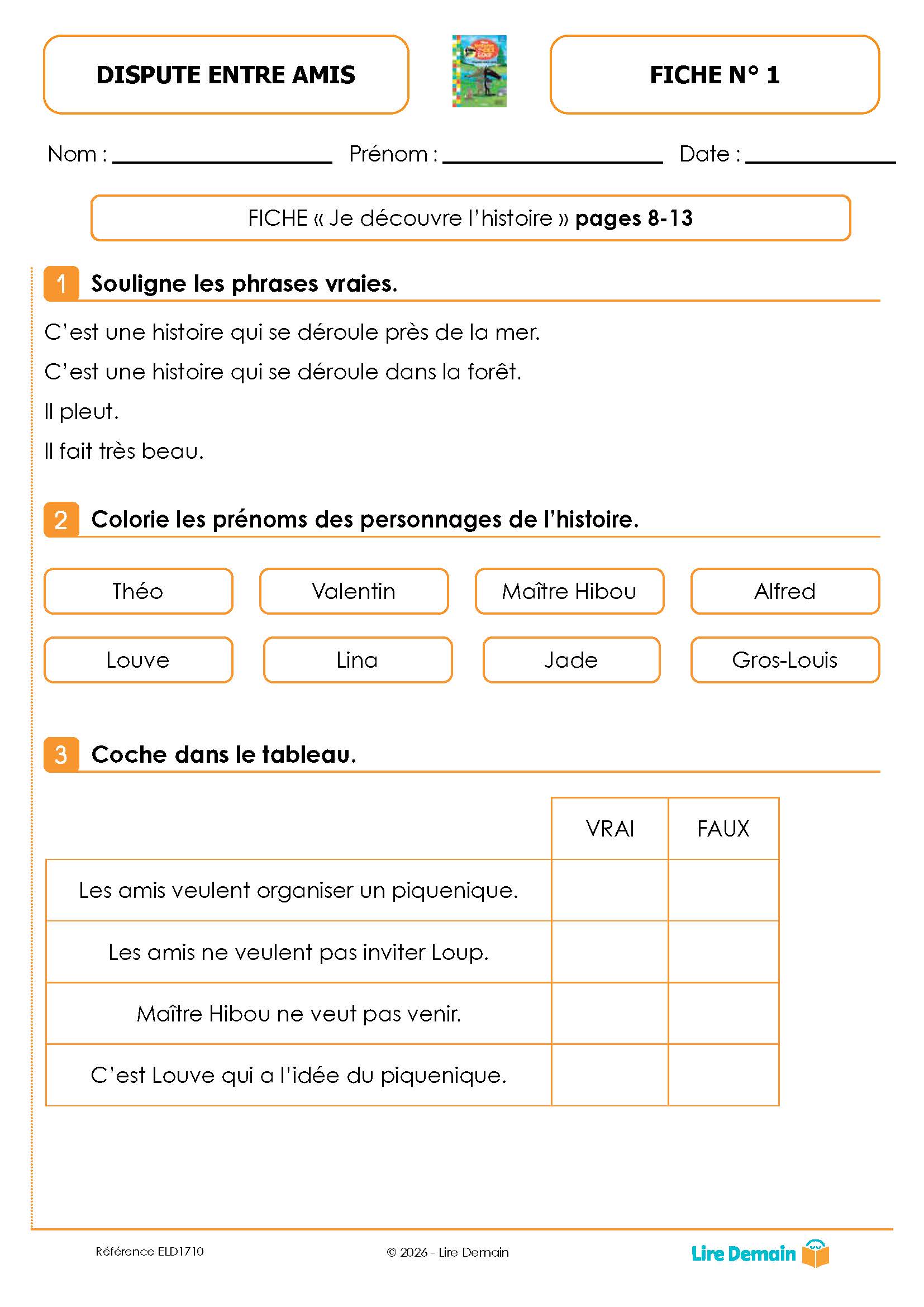 LECTURE SUIVIE - LA DISPUTE LECTURES CE1 AVEC LOUP (FICHIER SEUL)