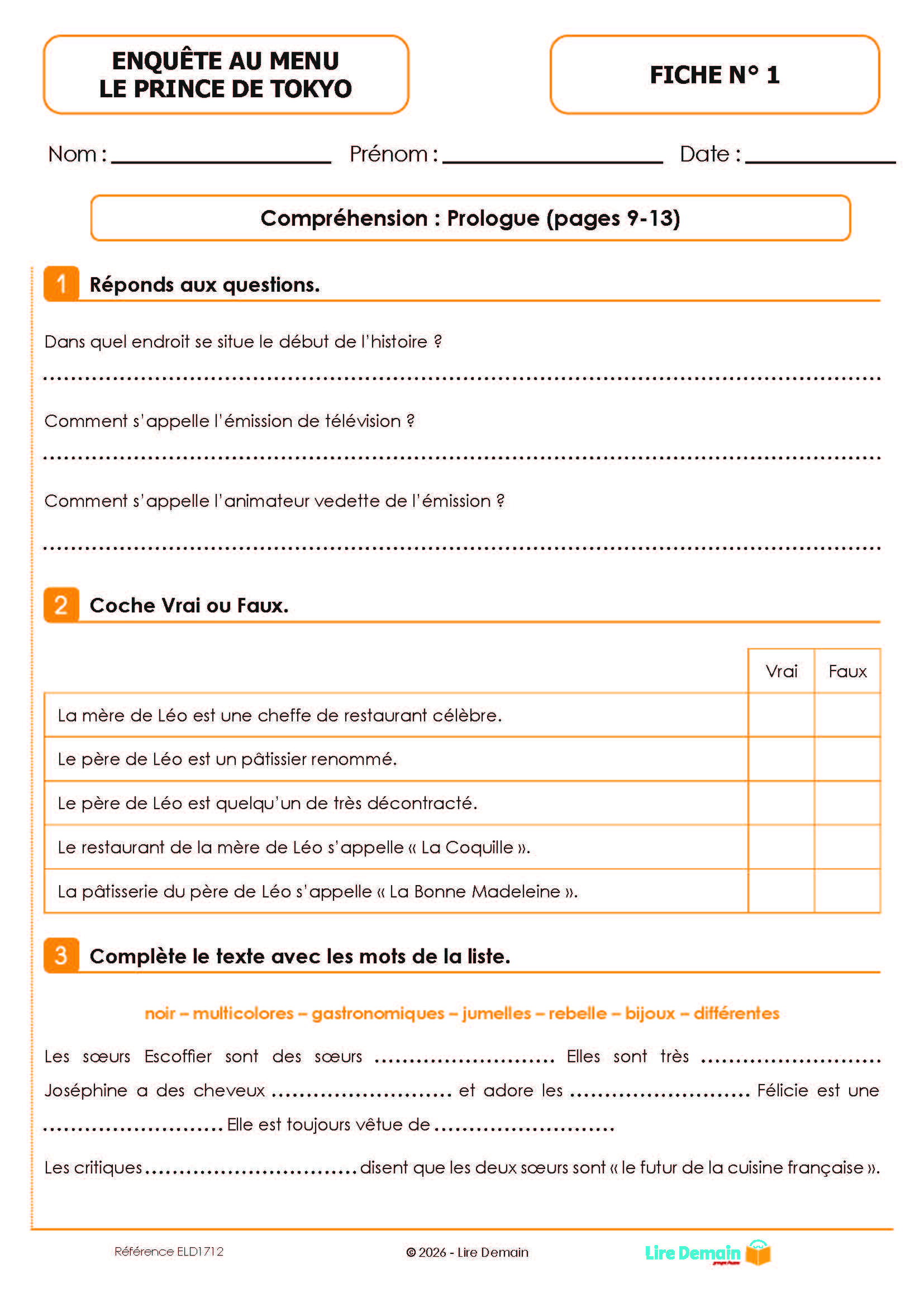 LECTURE SUIVIE - ENQUETE AU MENU ! - LE PRINCE DE TOKYO  (25 EX)