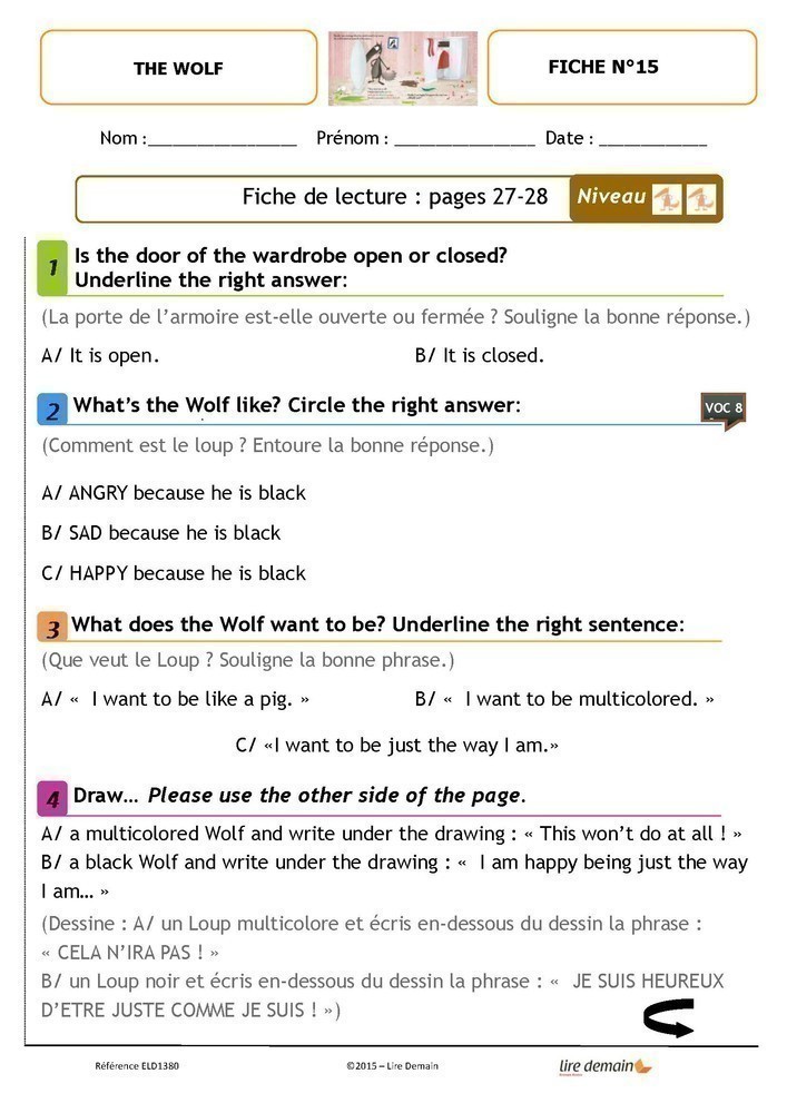 LECTURE SUIVIE ANGLAIS - THE WOLF WHO WANTED TO CHANGE HIS COLOR (FICHIER SEUL)