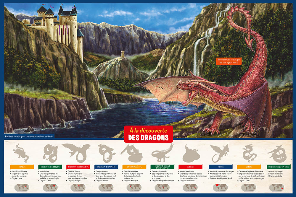A LA DECOUVERTE DES DRAGONS - UN LIVRE DOCUMENTAIRE, UN PLATEAU GEANT ANIME, 58 PIECES MAGNETIQUES A LA DECOUVERTE DES DRAGONS - UN LIVRE DOCUMENTAIRE, UN PLATEAU GEANT ANIME, 58 PIECES MAGNETIQUES